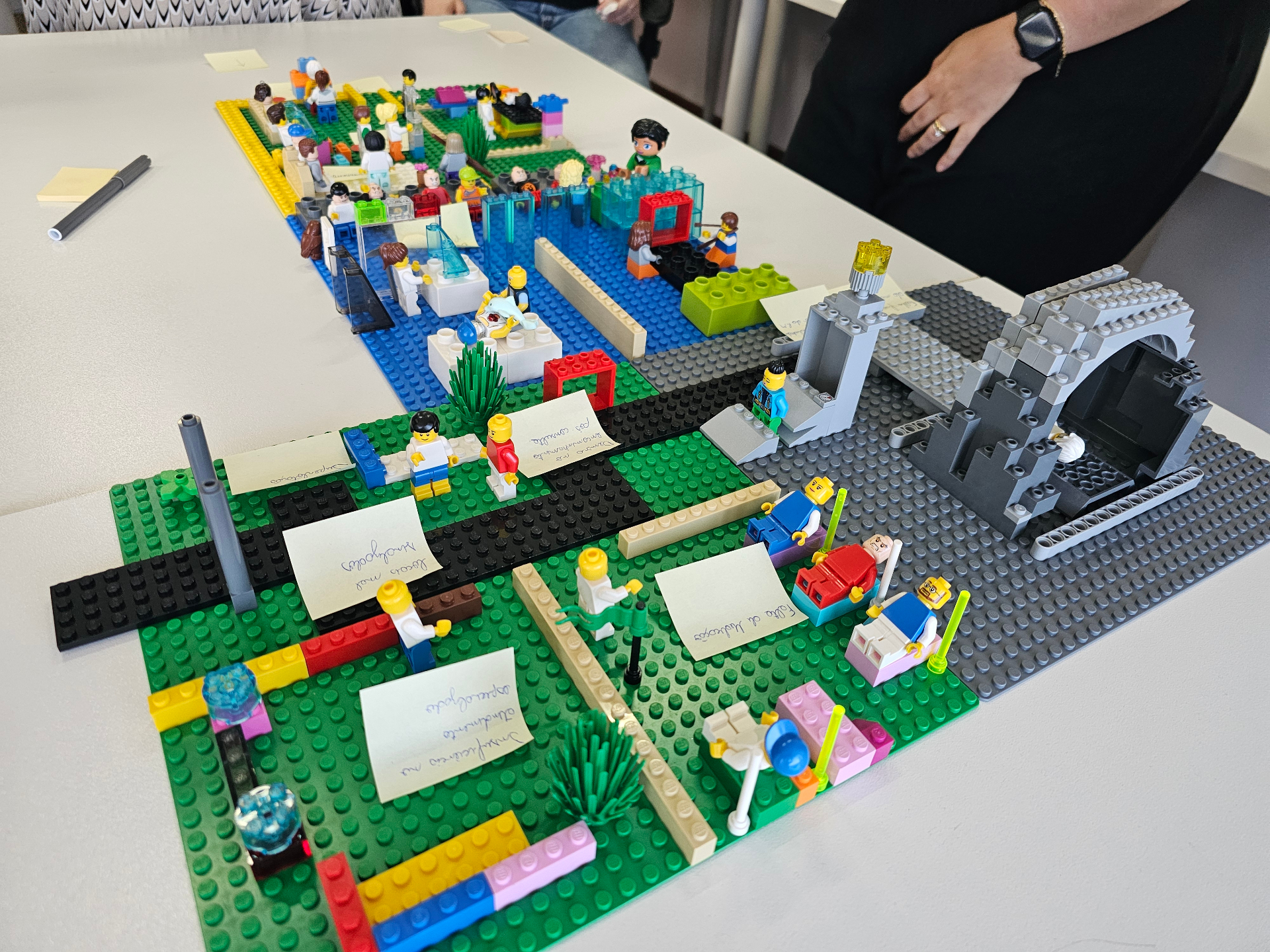 Paisagem construída em LEGO representando jornada e marcos do projeto